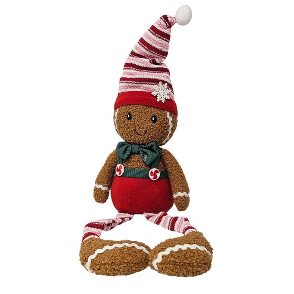 Plush Peppermint Gingerbread Man with Red and Pink Stocking Legs Christmas Shelf - Picture 1 of 4